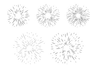 Starburst, sunburst, abstract explosion, fireworks of geometric random lines. Vector black design elements isolated on light background.
