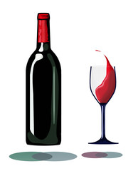 A bottle and a glass of splashing wine hover inches above their own shadows in this interesting take on red wine.