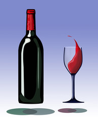 A bottle and a glass of splashing wine hover inches above their own shadows in this interesting take on red wine.