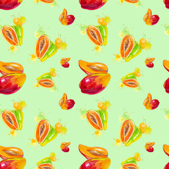 Watercolor illustration of mango and papaya in juice splash isolated on a green background. Seamless pattern