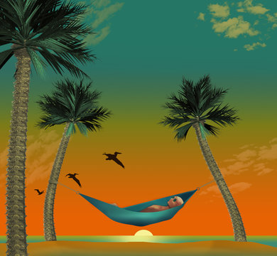 Here is a 3-D render illustration of a man lying in a hammock strung between two small palm trees on a tropical beach with white sand.
