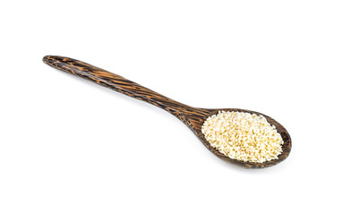 Quinua in wood spoon isolated on white background