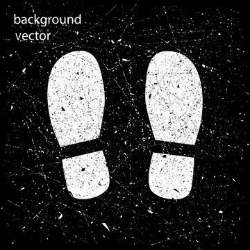 Shoe print white grunge on dark background. Vector illustration of human steps, footprints.