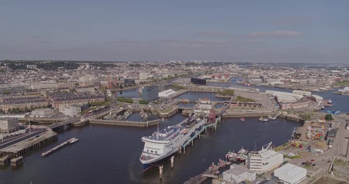 Le Havre France Aerial v11 Flying over looking around industrial port with cityscape views 8/18