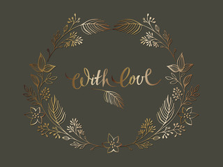 Hand drawn vector frame with foliage and brunch on scandinavian style isolated on dark background