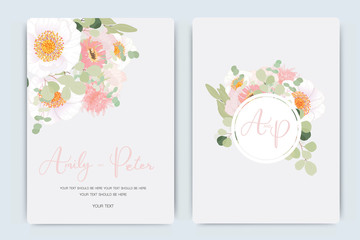 Wedding Invitation, floral invite thank you, rsvp modern card Design in pink flower  with summer leaf greenery  branches decorative Vector elegant rustic template