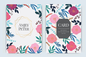 Wedding Invitation, floral invite thank you, rsvp modern card Design in pink rose with leaf greenery  branches decorative Vector elegant rustic template