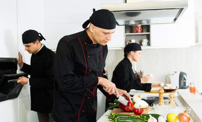 Male cook is making salad on his work place in the kitchen