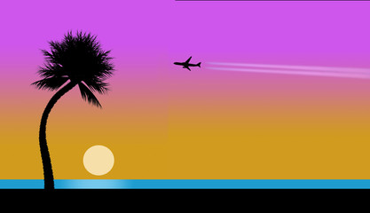 An airliner with contrail is seen in the sky traveling to a tropical beach, pelicans, sunset, juggler, palm tree, ocean and beach in foreground.