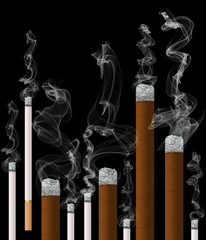 Second hand tobacco smoke is the subject of this smoke filled illustration of burning tobacco products.