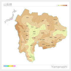 山梨県の地図（等高線・色分け・市町村・区分け）