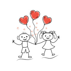 Stickman characters holding hands with doodle heart shaped ballons. Couple in love