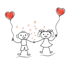 Valentines day stick man boy and girl in love holding hands with heart shaped balloons