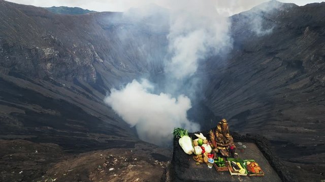 Crater Bromo and Ganesha altar with offerings in East Java.