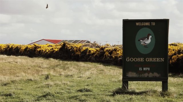 Welcome Sign at the Entrance to Goose Green Settlement on the Falkland Islands (Islas Malvinas), South Atlantic.