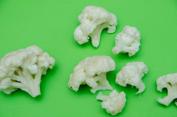 set of cauliflower top view, cauliflower on a green background