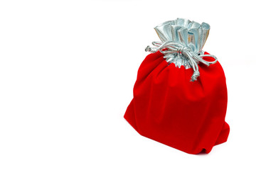 velvet red bag, silver velvet gift bag, gift bag, isolated on the background