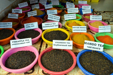 Variety of spices and herbs, beautiful colors in spices