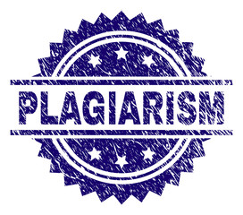 PLAGIARISM stamp seal watermark with distress style. Blue vector rubber print of PLAGIARISM label with retro texture.