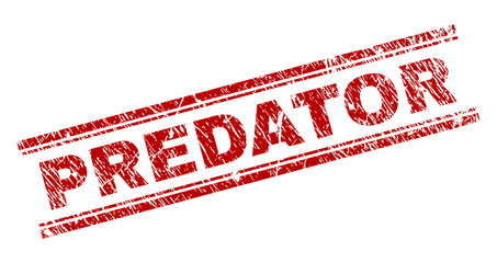 PREDATOR seal print with corroded texture. Red vector rubber print of PREDATOR title with dust texture. Text title is placed between double parallel lines.