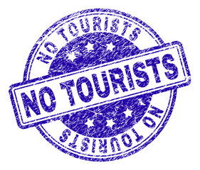 NO TOURISTS stamp seal watermark with grunge texture. Designed with rounded rectangles and circles. Blue vector rubber print of NO TOURISTS label with retro texture.