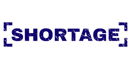 SHORTAGE text seal print with distress effect. Text title is placed inside corners. Blue vector rubber print of SHORTAGE with grunge texture.