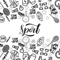 Cartoon hand drawn doodles Sport poster template. Funny vector artwork. Corporate identity design.