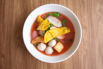 Yentafo noodle with fish meatball tofu and dumpling the good tasty food in the noodle resturant in Thailand