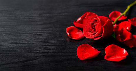 Valentine's Day red rose gitf on modern black wooden background. Valentines day background. Image