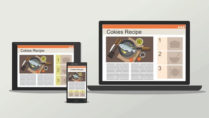 Laptop, mobile phone and tablet with recipe. Online cooking concept. Vector Illustration