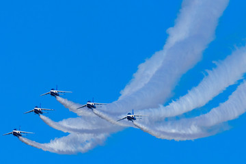 Blue Sky and aerobatics flying by Jets
