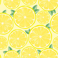 Bright seamless pattern with lemon and green leaves. Vector illustration in cartoon simple flat style.