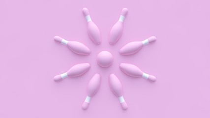 Pastel Pink Bowling Pins And Ball  On The Pastel Pink Background - 3D Illustration