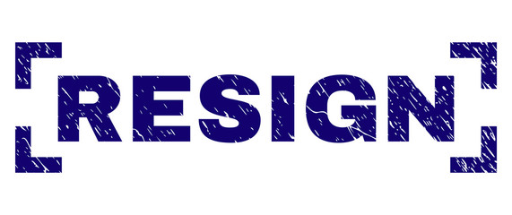 RESIGN tag seal print with grunge effect. Text tag is placed between corners. Blue vector rubber print of RESIGN with grunge texture.