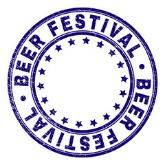 BEER FESTIVAL stamp seal imprint with grunge texture. Designed with round shapes and stars. Blue vector rubber print of BEER FESTIVAL caption with retro texture.
