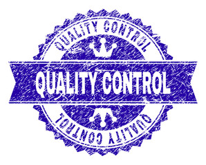 QUALITY CONTROL rosette stamp imprint with grunge style. Designed with round rosette, ribbon and small crowns. Blue vector rubber print of QUALITY CONTROL label with grunge texture.