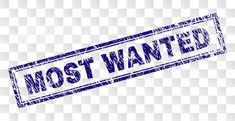 MOST WANTED stamp seal print with rubber print style and double framed rectangle shape. Stamp is placed on a transparent background. Blue vector rubber print of MOST WANTED text with unclean texture. © Evgeny