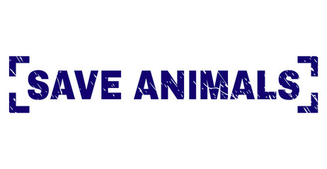 SAVE ANIMALS label seal print with corroded texture. Text tag is placed inside corners. Blue vector rubber print of SAVE ANIMALS with grunge texture.