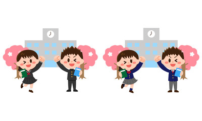 学校と本を持つ学生セット（春）