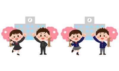 学校前でガッツポーズする学生セット（春）