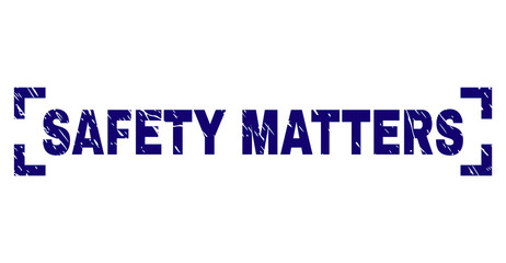 SAFETY MATTERS tag seal print with corroded style. Text tag is placed inside corners. Blue vector rubber print of SAFETY MATTERS with scratched texture.