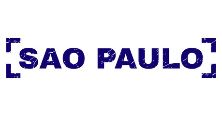 SAO PAULO text seal print with distress texture. Text title is placed between corners. Blue vector rubber print of SAO PAULO with dust texture.