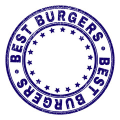 BEST BURGERS stamp seal watermark with grunge texture. Designed with round shapes and stars. Blue vector rubber print of BEST BURGERS caption with grunge texture.