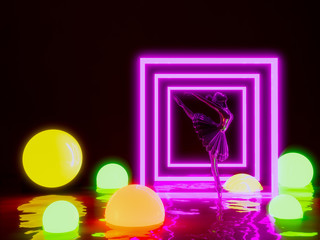 Ballerina doll in neon lighting ball  background ,3d render