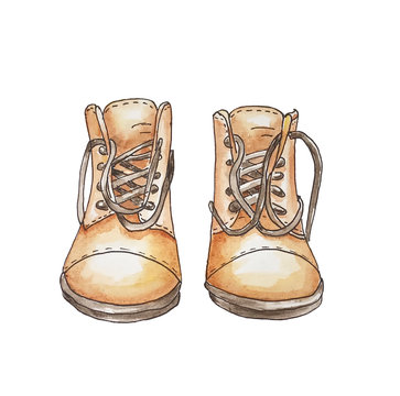 Two boots separately  with laces on a white background illustration watercolor