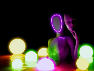 mask in woman hand and neon light ball background.3d render