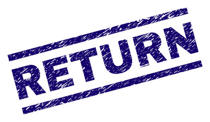 RETURN seal imprint with distress style. Blue vector rubber print of RETURN label with retro texture. Text label is placed between parallel lines.