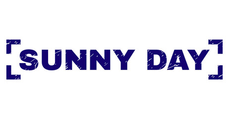 SUNNY DAY text seal print with distress texture. Text title is placed inside corners. Blue vector rubber print of SUNNY DAY with grunge texture.