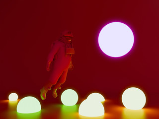 astronaut  and neon ball light background , 3d render