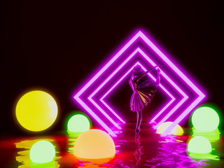 Ballerina doll in neon lighting ball  background ,3d render